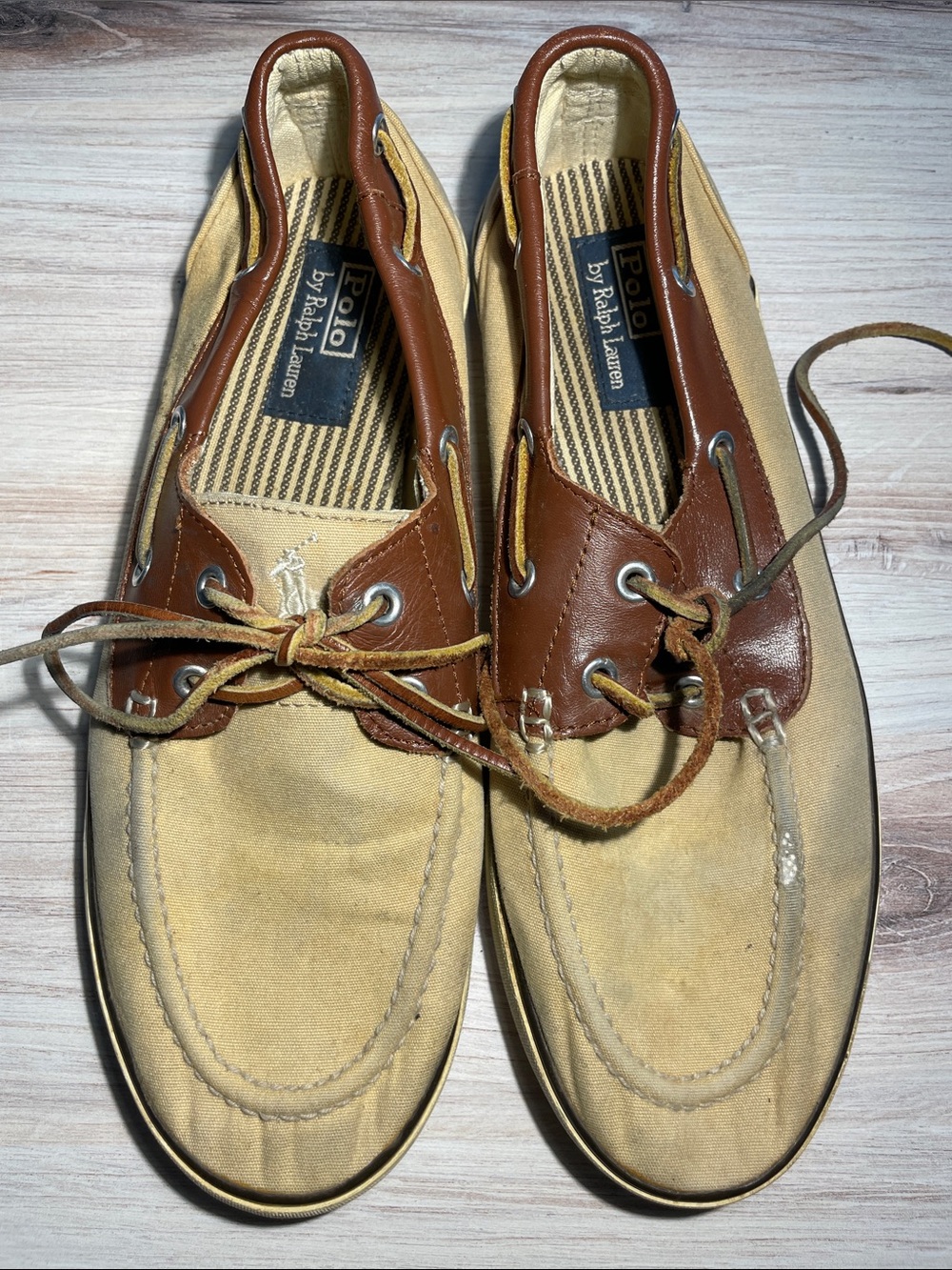 Polo by Ralph Lauren Tan Canvas with Brown Leather Trim Boat Shoes